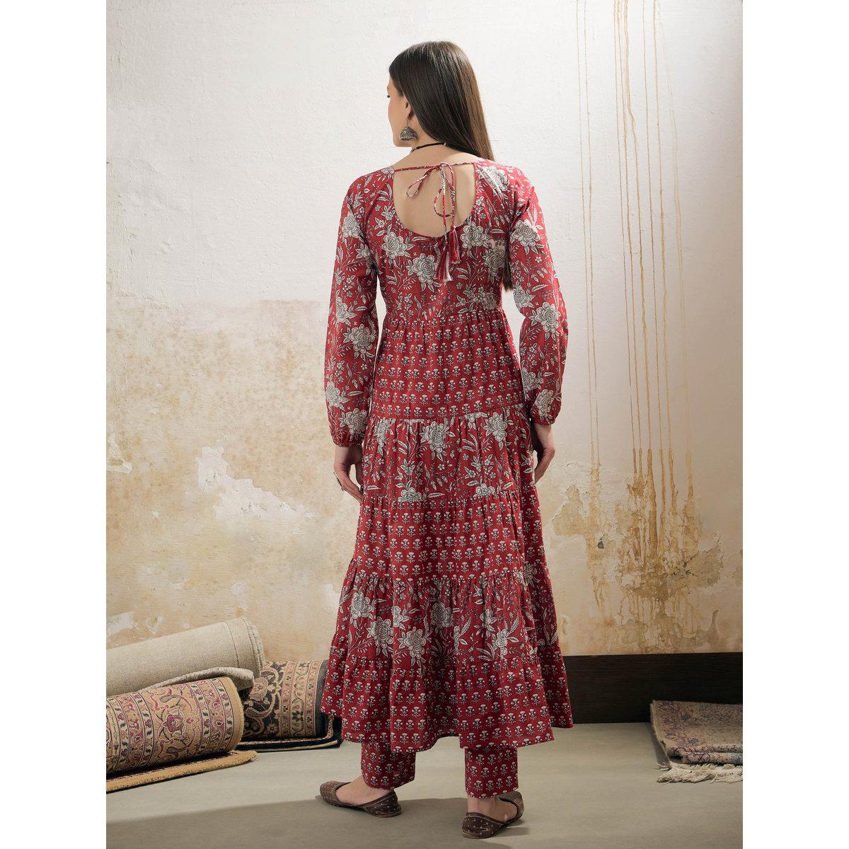 Shae by SASSAFRAS Maroon and White Cambric Tiered Kurta with Pencil Pants Set-women-clothing-ethnicwear-kurtasets-image-5