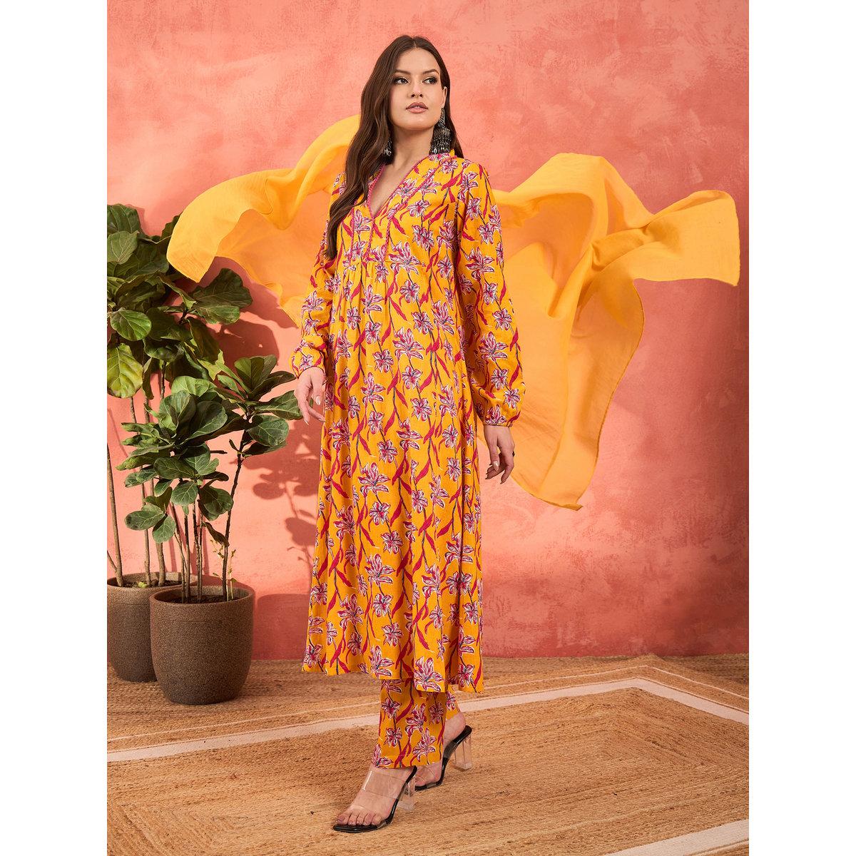 Shae by SASSAFRAS Yellow Floral Cambric V Neck Kurta, Pencil Pants and Dupatta Set-women-clothing-ethnicwear-sareesets-image-3