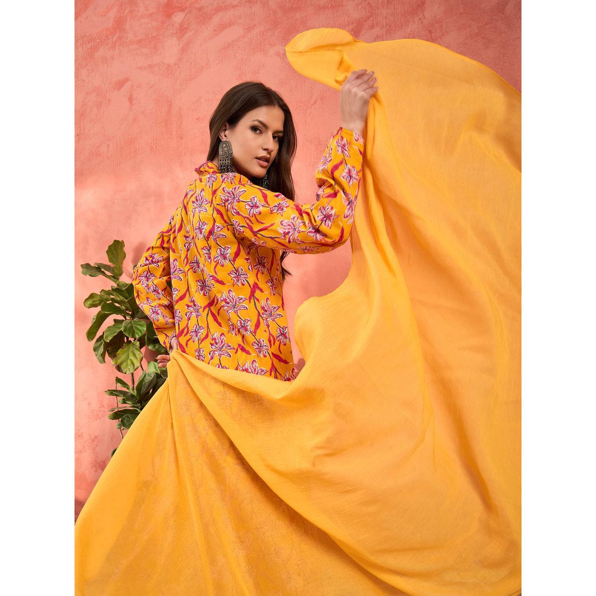 Shae by SASSAFRAS Yellow Floral Cambric V Neck Kurta, Pencil Pants and Dupatta Set-women-clothing-ethnicwear-sareesets-image-4