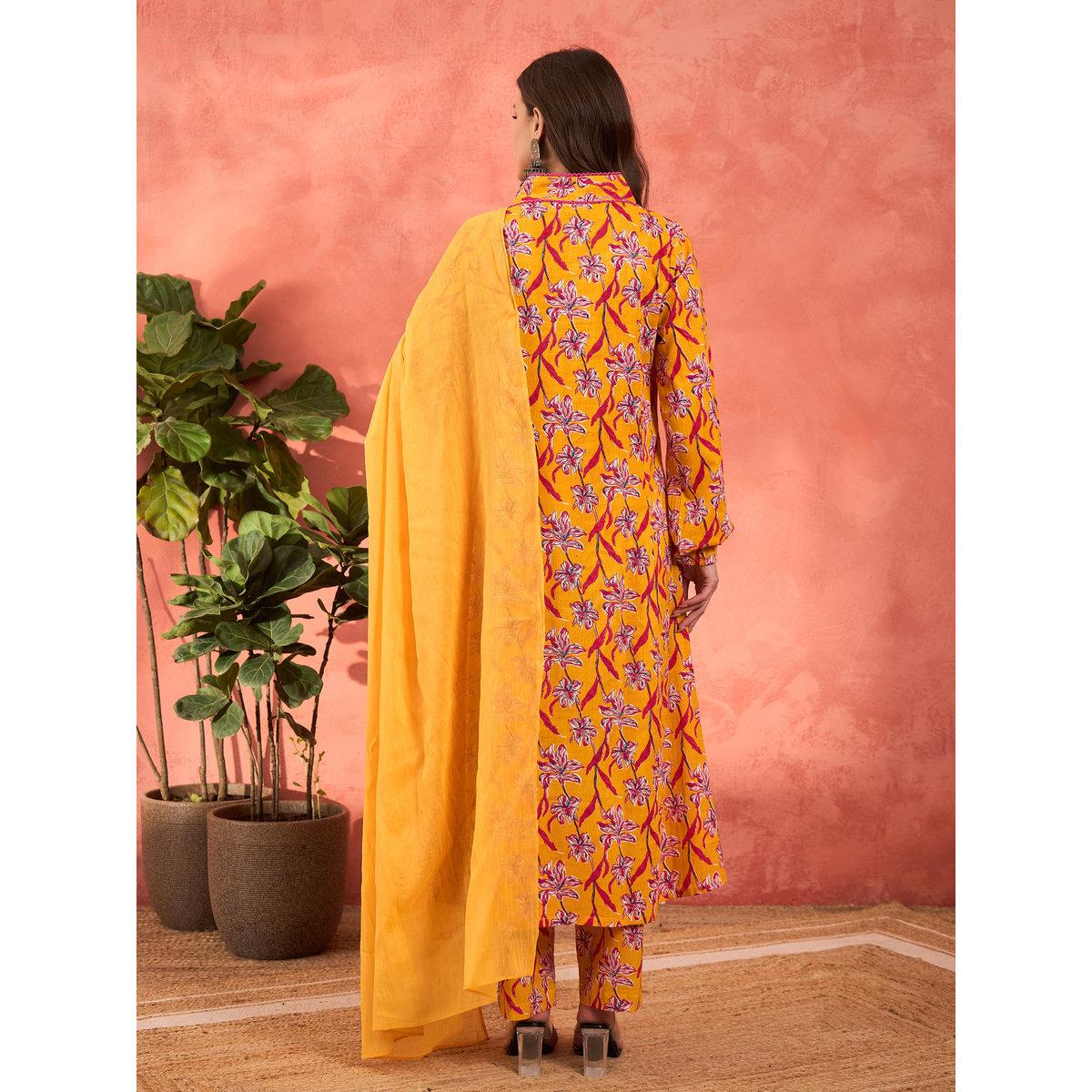 Shae by SASSAFRAS Yellow Floral Cambric V Neck Kurta, Pencil Pants and Dupatta Set-women-clothing-ethnicwear-sareesets-image-6