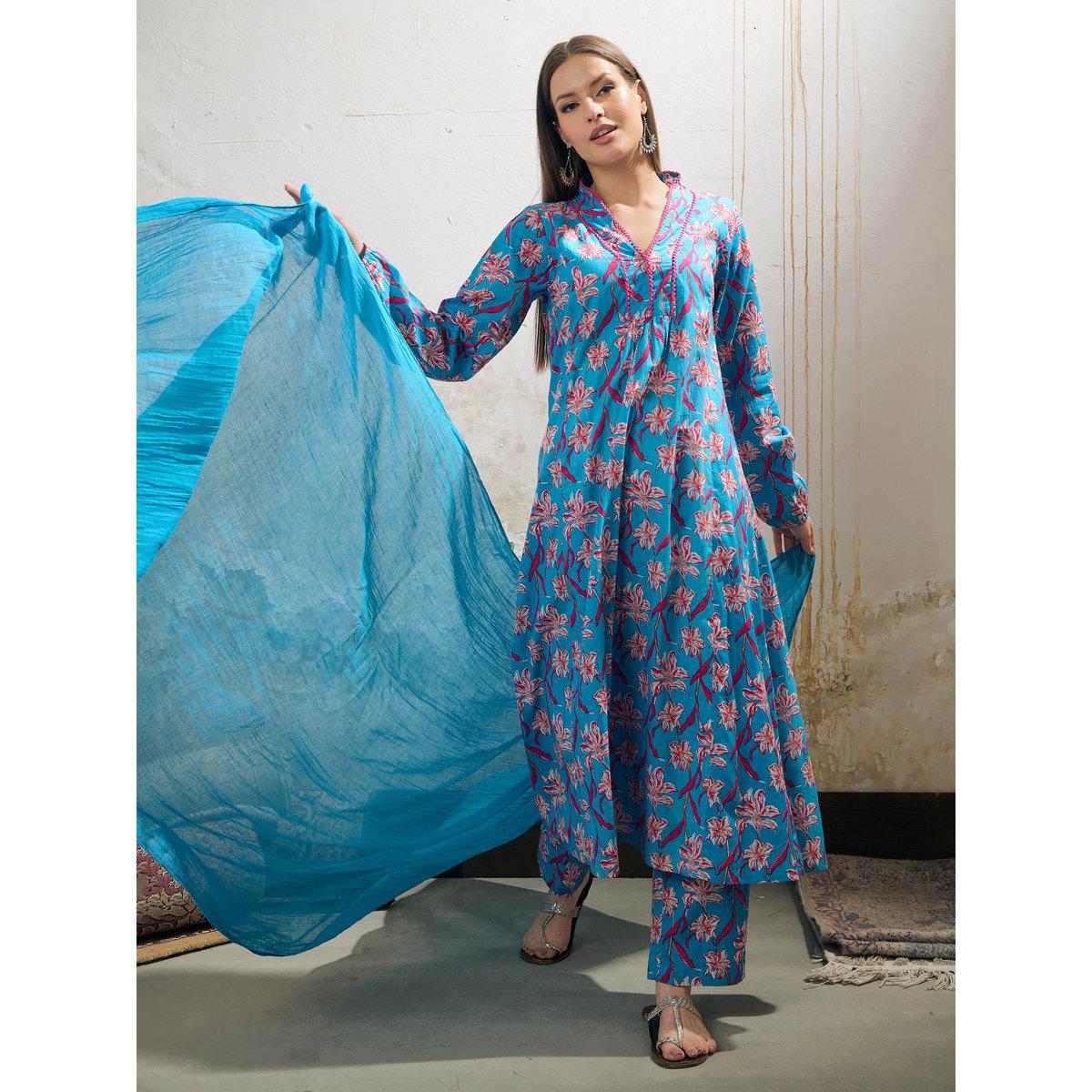 Shae by SASSAFRAS Blue Floral Cambric V Neck Kurta, Pencil Pants and Dupatta Set-women-clothing-ethnicwear-sareesets-image-1