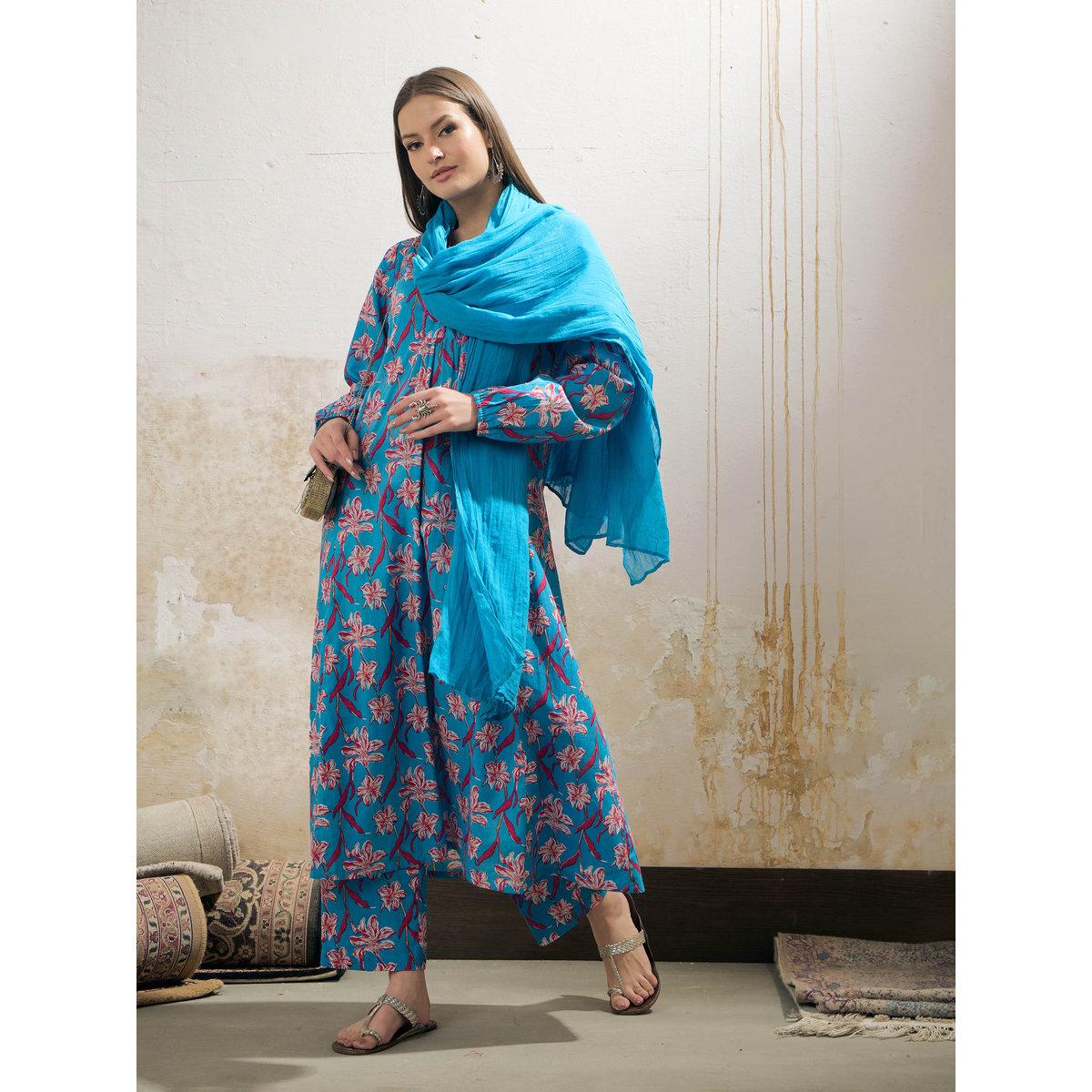 Shae by SASSAFRAS Blue Floral Cambric V Neck Kurta, Pencil Pants and Dupatta Set-women-clothing-ethnicwear-sareesets-image-2