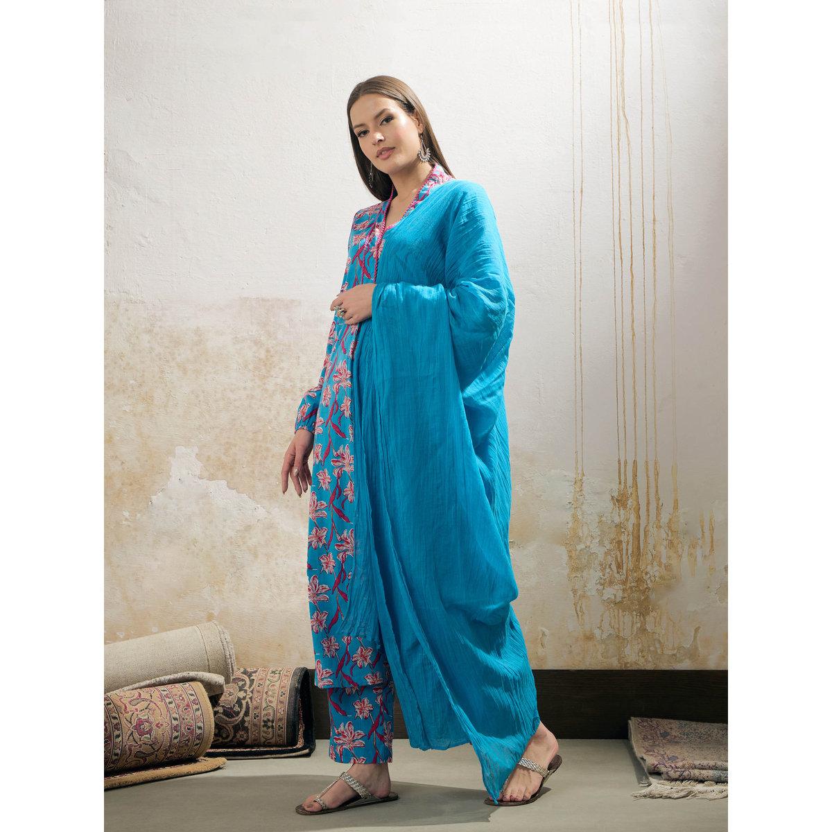 Shae by SASSAFRAS Blue Floral Cambric V Neck Kurta, Pencil Pants and Dupatta Set-women-clothing-ethnicwear-sareesets-image-3