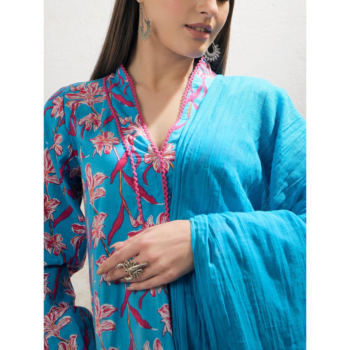 Shae by SASSAFRAS Blue Floral Cambric V Neck Kurta, Pencil Pants and Dupatta Set-women-clothing-ethnicwear-sareesets-image-4