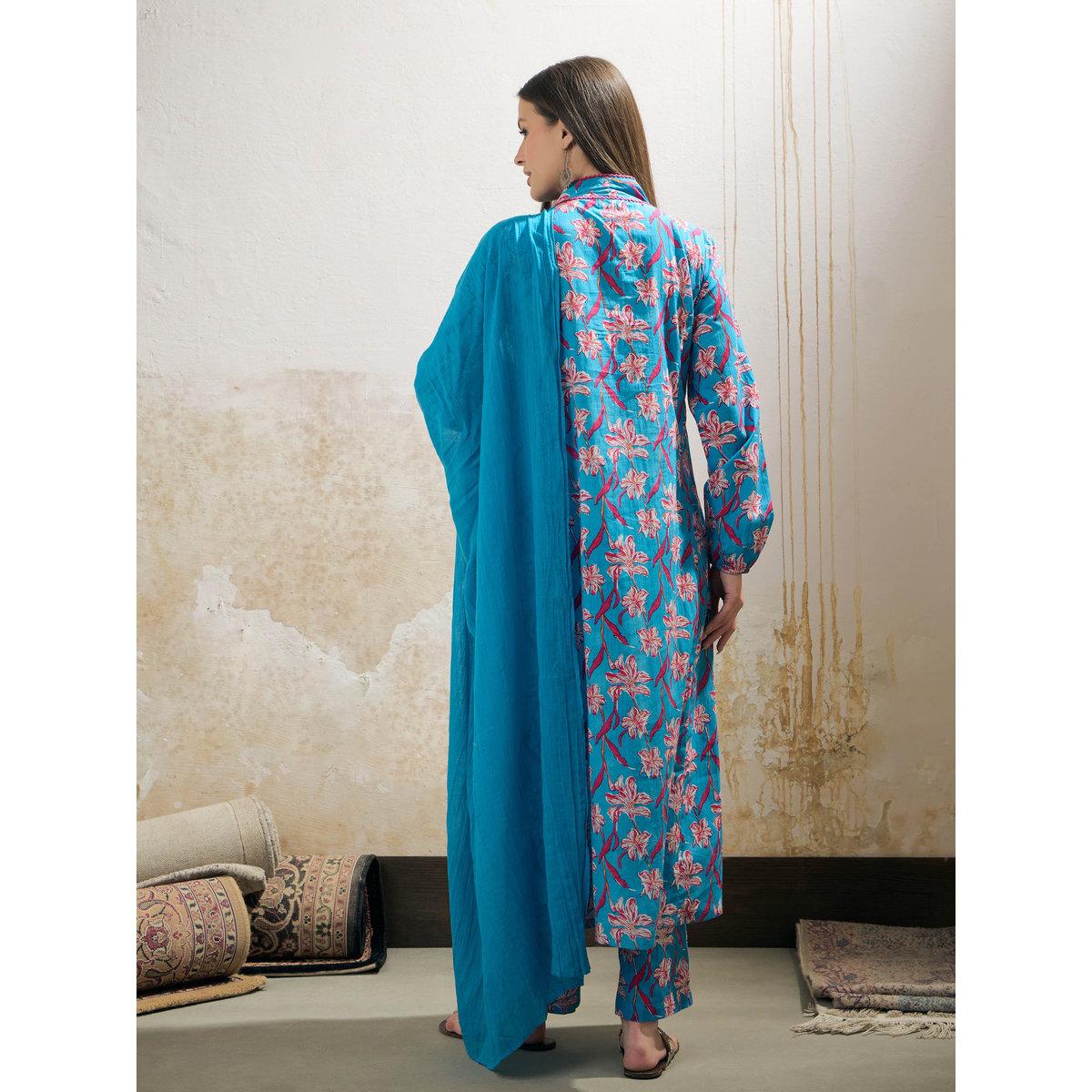 Shae by SASSAFRAS Blue Floral Cambric V Neck Kurta, Pencil Pants and Dupatta Set-women-clothing-ethnicwear-sareesets-image-5