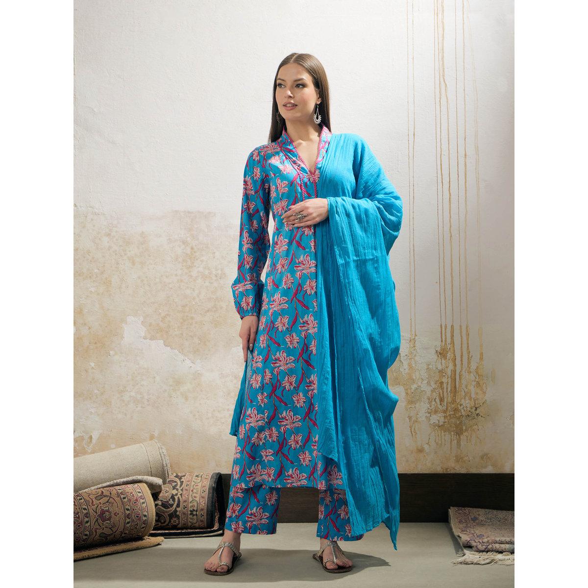 Shae by SASSAFRAS Blue Floral Cambric V Neck Kurta, Pencil Pants and Dupatta Set-women-clothing-ethnicwear-sareesets-image-6