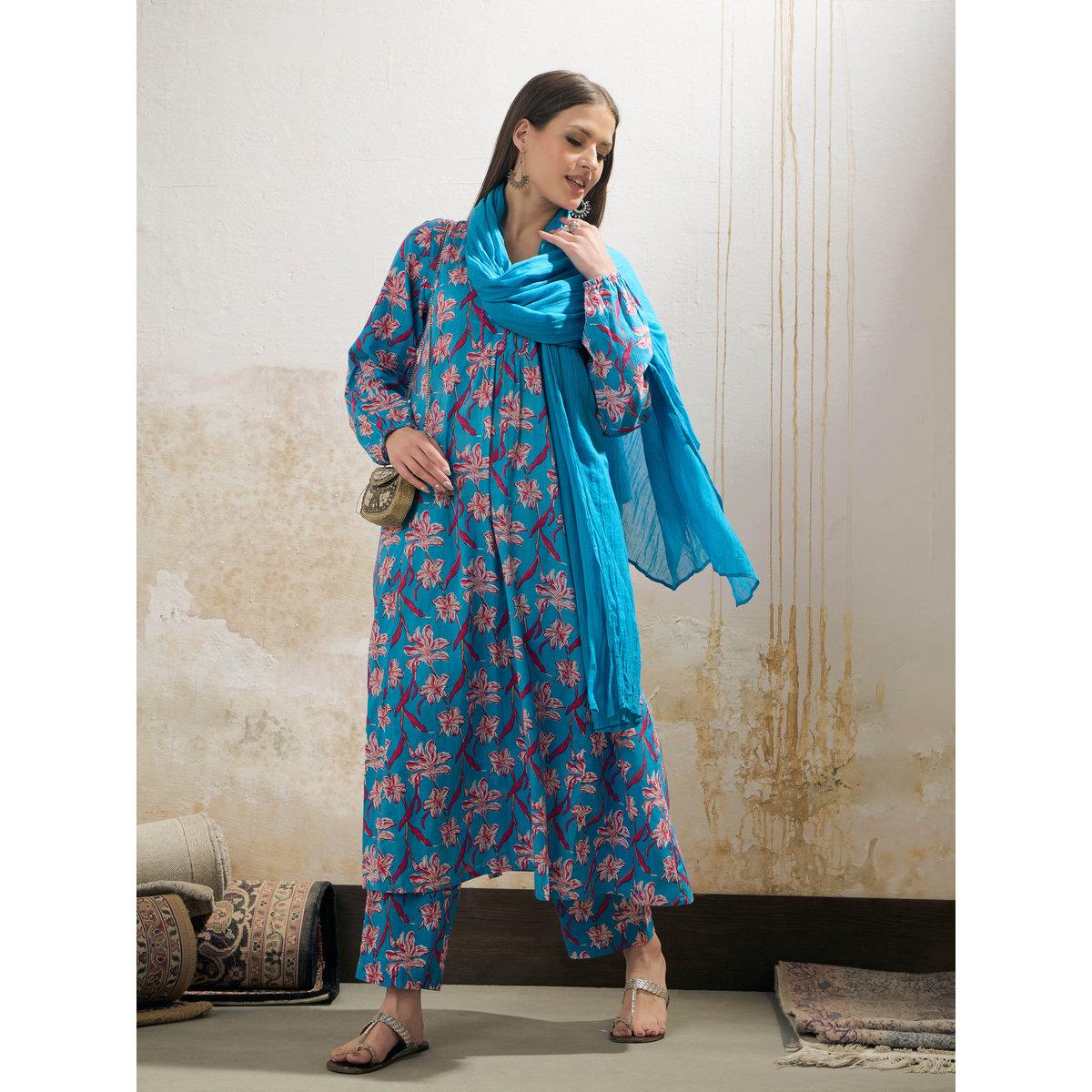Shae by SASSAFRAS Blue Floral Cambric V Neck Kurta, Pencil Pants and Dupatta Set-women-clothing-ethnicwear-sareesets-image-9