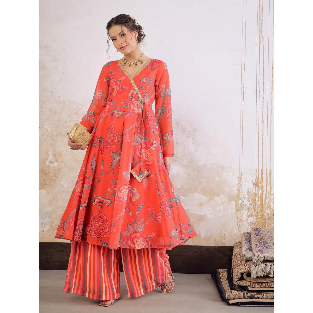 طقم من كورتا بطبعة زهور مع بنطال بالازو-women-clothing-ethnicwear-kurtasets-image-2