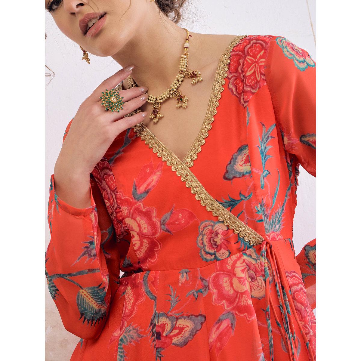 طقم من كورتا بطبعة زهور مع بنطال بالازو-women-clothing-ethnicwear-kurtasets-image-4