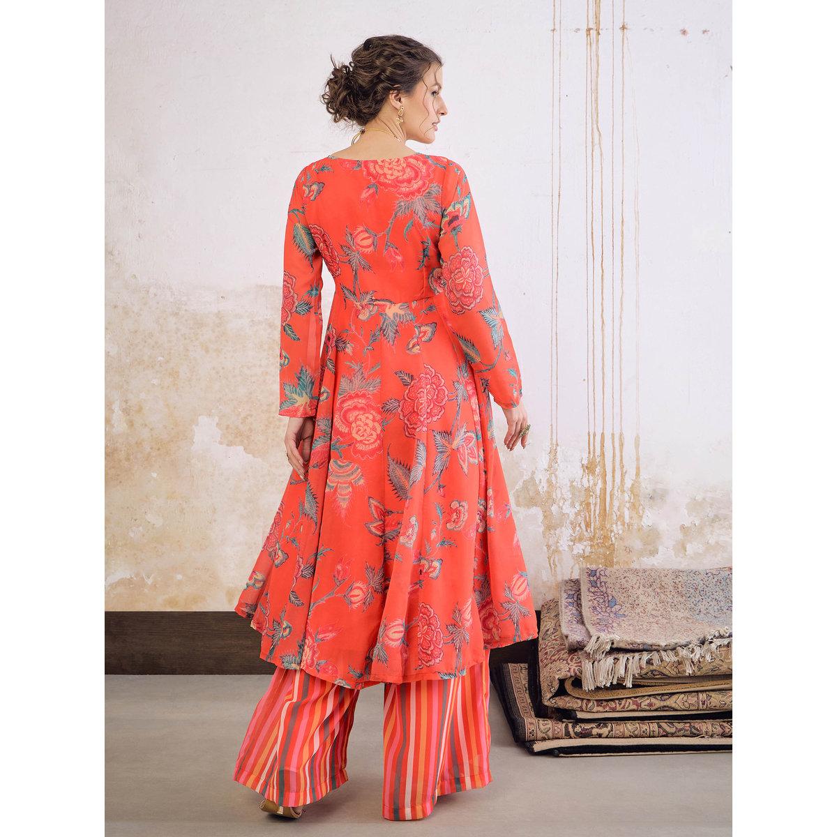 طقم من كورتا بطبعة زهور مع بنطال بالازو-women-clothing-ethnicwear-kurtasets-image-5