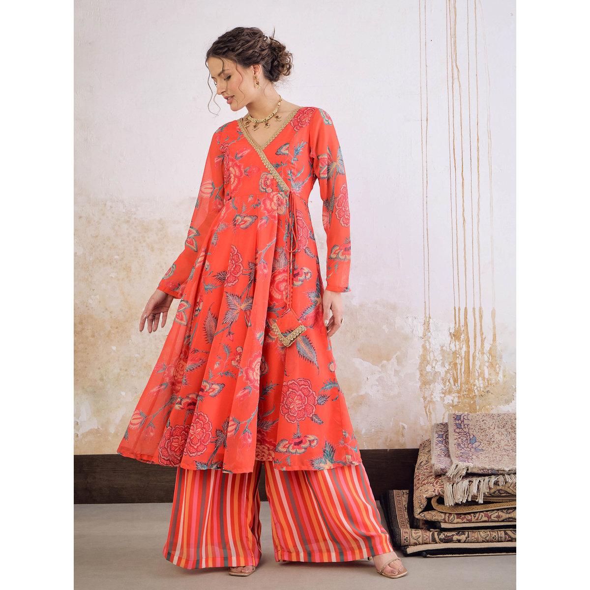 طقم من كورتا بطبعة زهور مع بنطال بالازو-women-clothing-ethnicwear-kurtasets-image-6