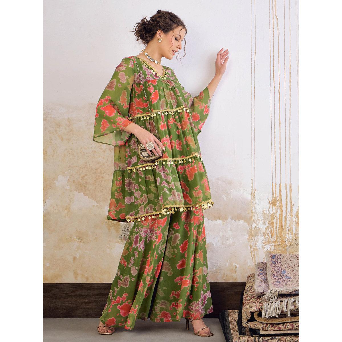 طقم من كورتا بطبعة تاي داي مع بنطال شرارة-women-clothing-ethnicwear-kurtasets-image-1