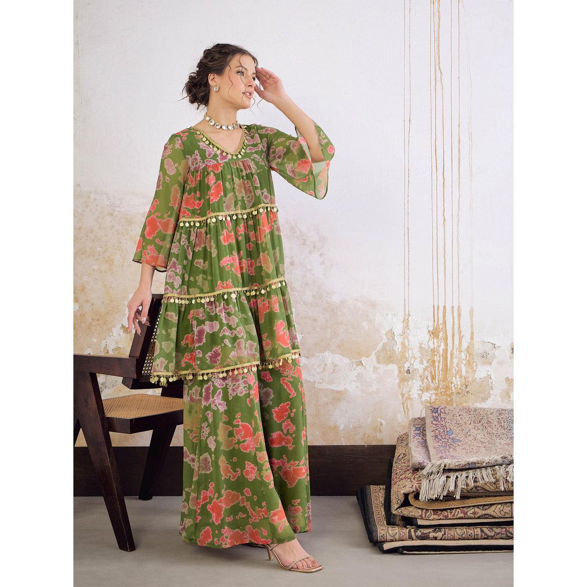 Shae by SASSAFRAS Green Tie-Dye Coin Lace Tired Kurta and Sharara Set-women-clothing-ethnicwear-kurtasets-image-2