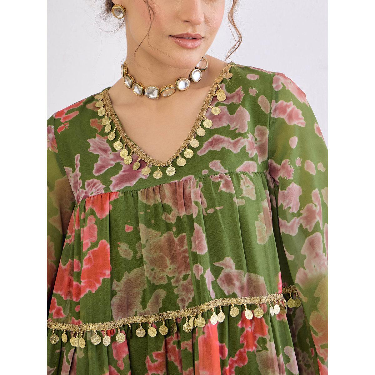 Shae by SASSAFRAS Green Tie-Dye Coin Lace Tired Kurta and Sharara Set-women-clothing-ethnicwear-kurtasets-image-4
