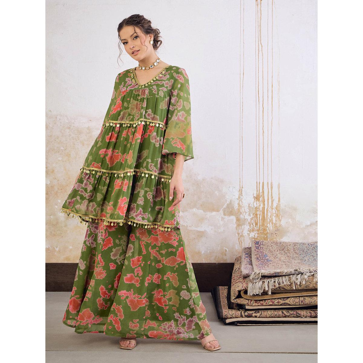 Shae by SASSAFRAS Green Tie-Dye Coin Lace Tired Kurta and Sharara Set-women-clothing-ethnicwear-kurtasets-image-6