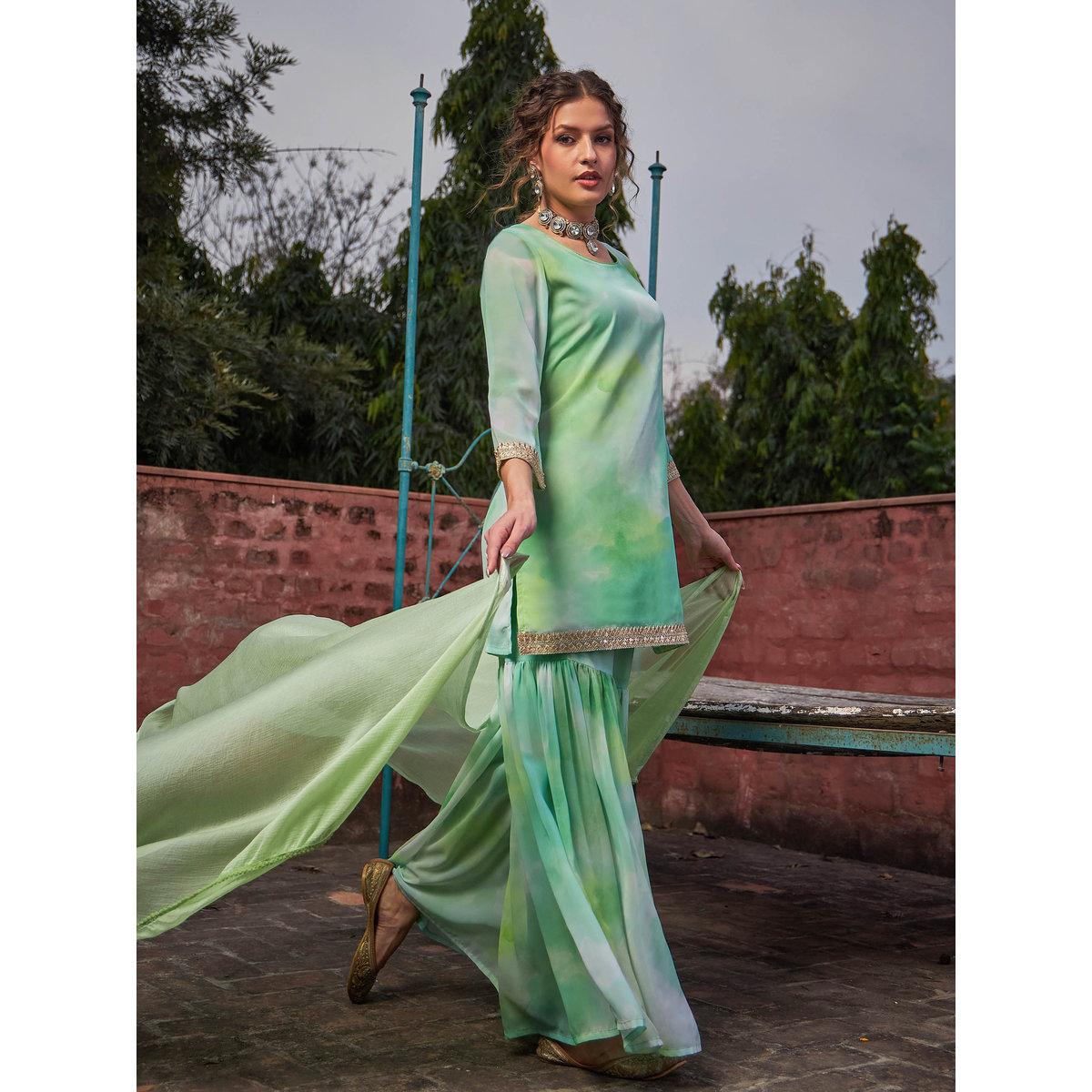 Shae by SASSAFRAS Lime Green Tie-Dye Kurta, Sharara and Dupatta Set-women-clothing-ethnicwear-kurtasets-image-3