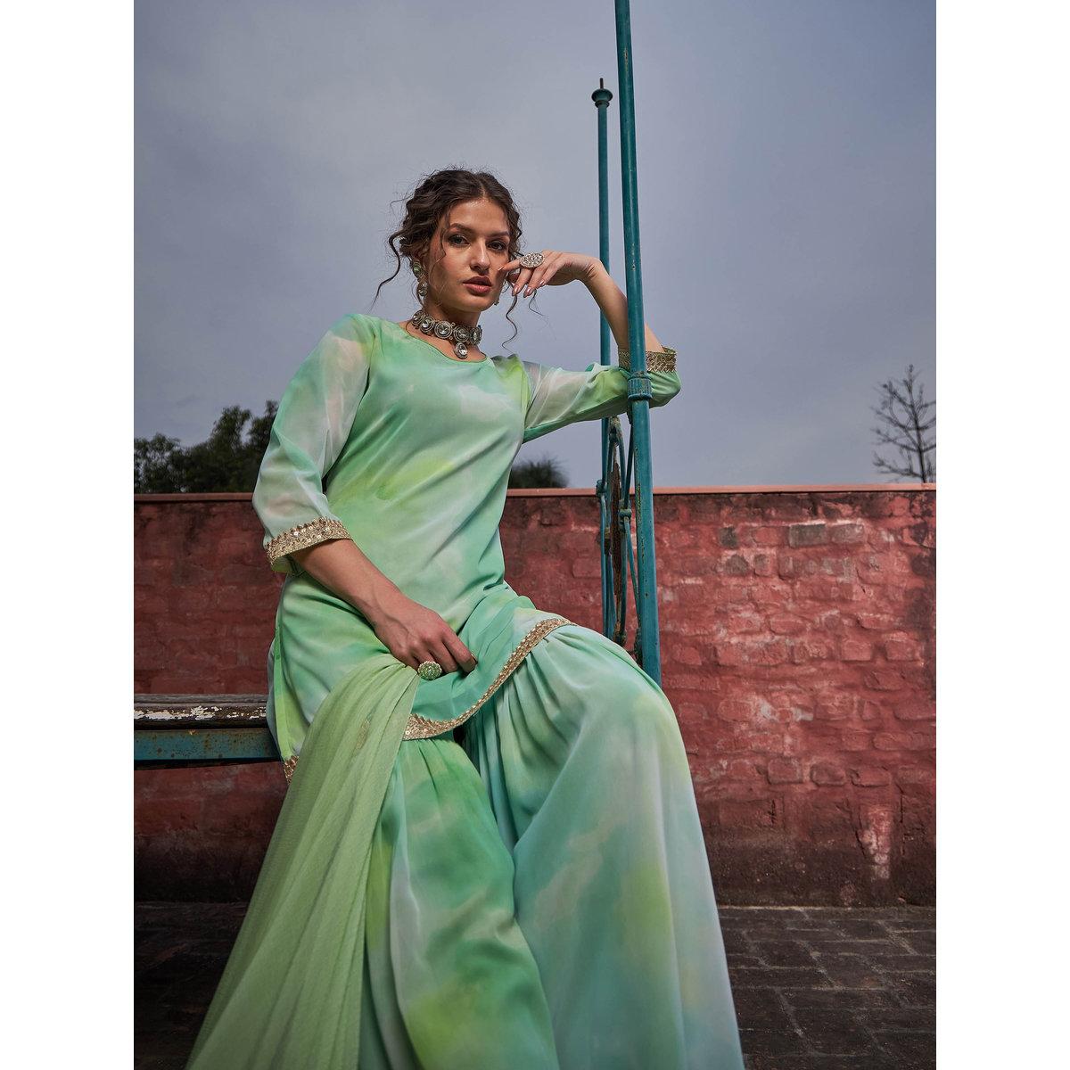 Shae by SASSAFRAS Lime Green Tie-Dye Kurta, Sharara and Dupatta Set-women-clothing-ethnicwear-kurtasets-image-7