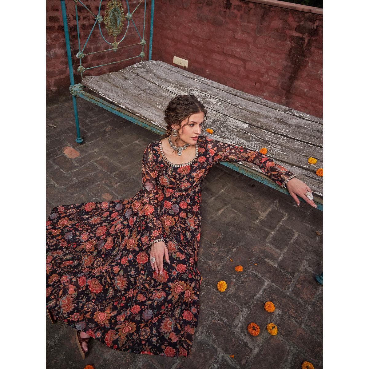 Shae by SASSAFRAS Black Floral Anarkali Kurta with Straight Pants Set-women-clothing-ethnicwear-kurtasets-image-1