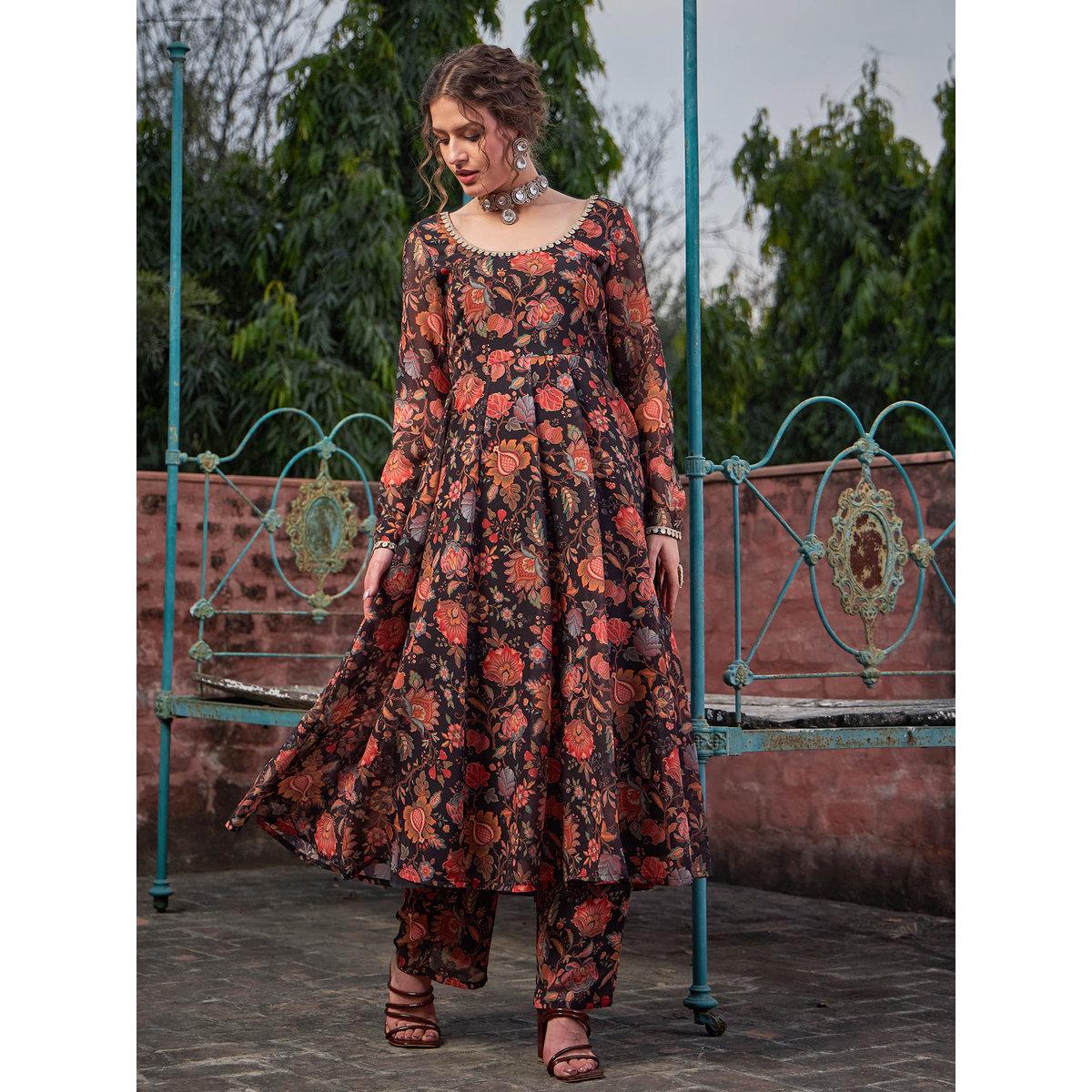 Shae by SASSAFRAS Black Floral Anarkali Kurta with Straight Pants Set-women-clothing-ethnicwear-kurtasets-image-2