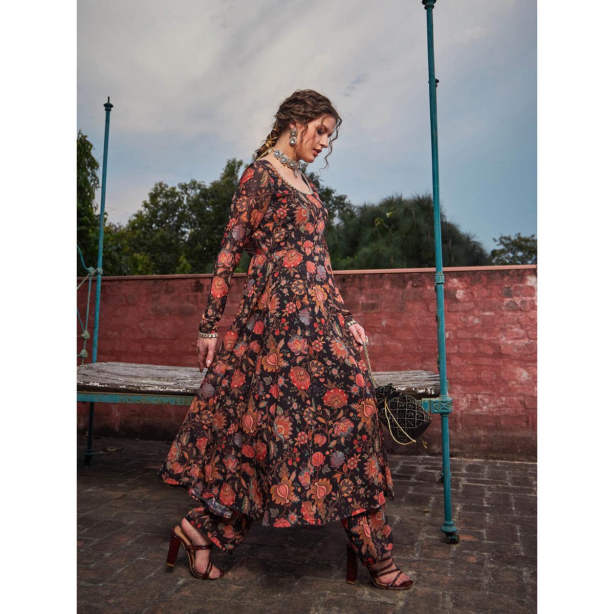 Shae by SASSAFRAS Black Floral Anarkali Kurta with Straight Pants Set-women-clothing-ethnicwear-kurtasets-image-3