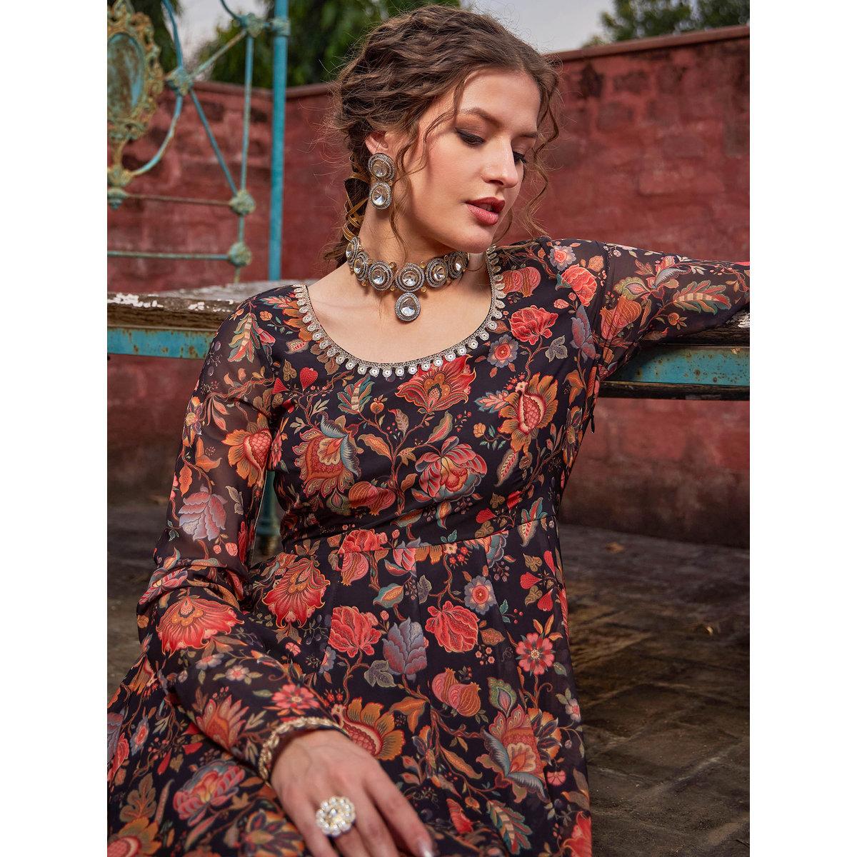 Shae by SASSAFRAS Black Floral Anarkali Kurta with Straight Pants Set-women-clothing-ethnicwear-kurtasets-image-4