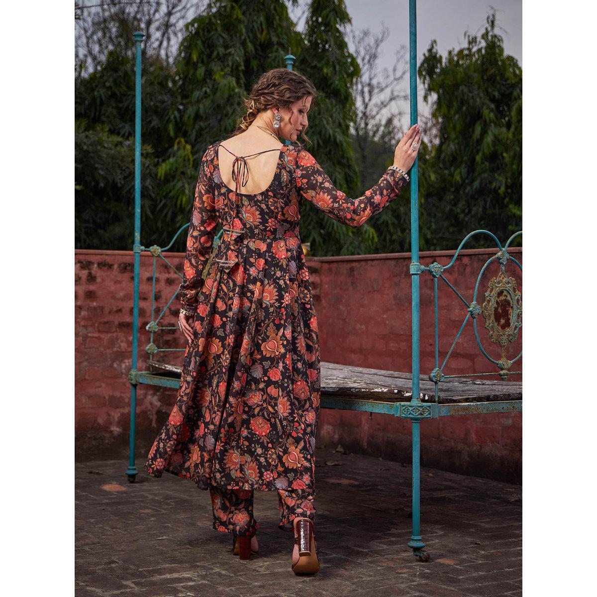 Shae by SASSAFRAS Black Floral Anarkali Kurta with Straight Pants Set-women-clothing-ethnicwear-kurtasets-image-6