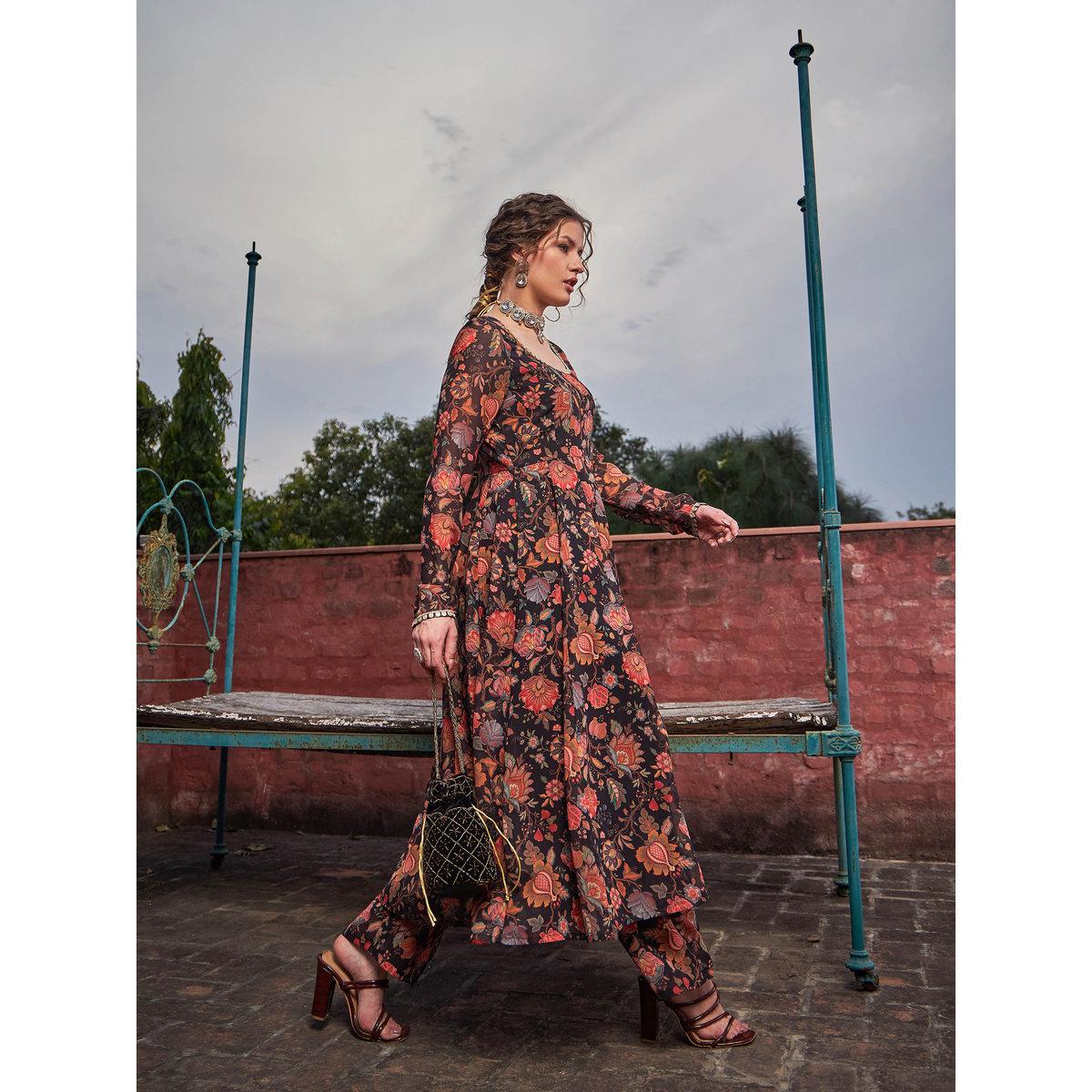 Shae by SASSAFRAS Black Floral Anarkali Kurta with Straight Pants Set-women-clothing-ethnicwear-kurtasets-image-7