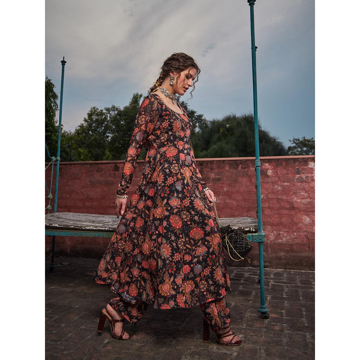 Shae by SASSAFRAS Black Floral Anarkali Kurta with Straight Pants Set-women-clothing-ethnicwear-kurtasets-image-8
