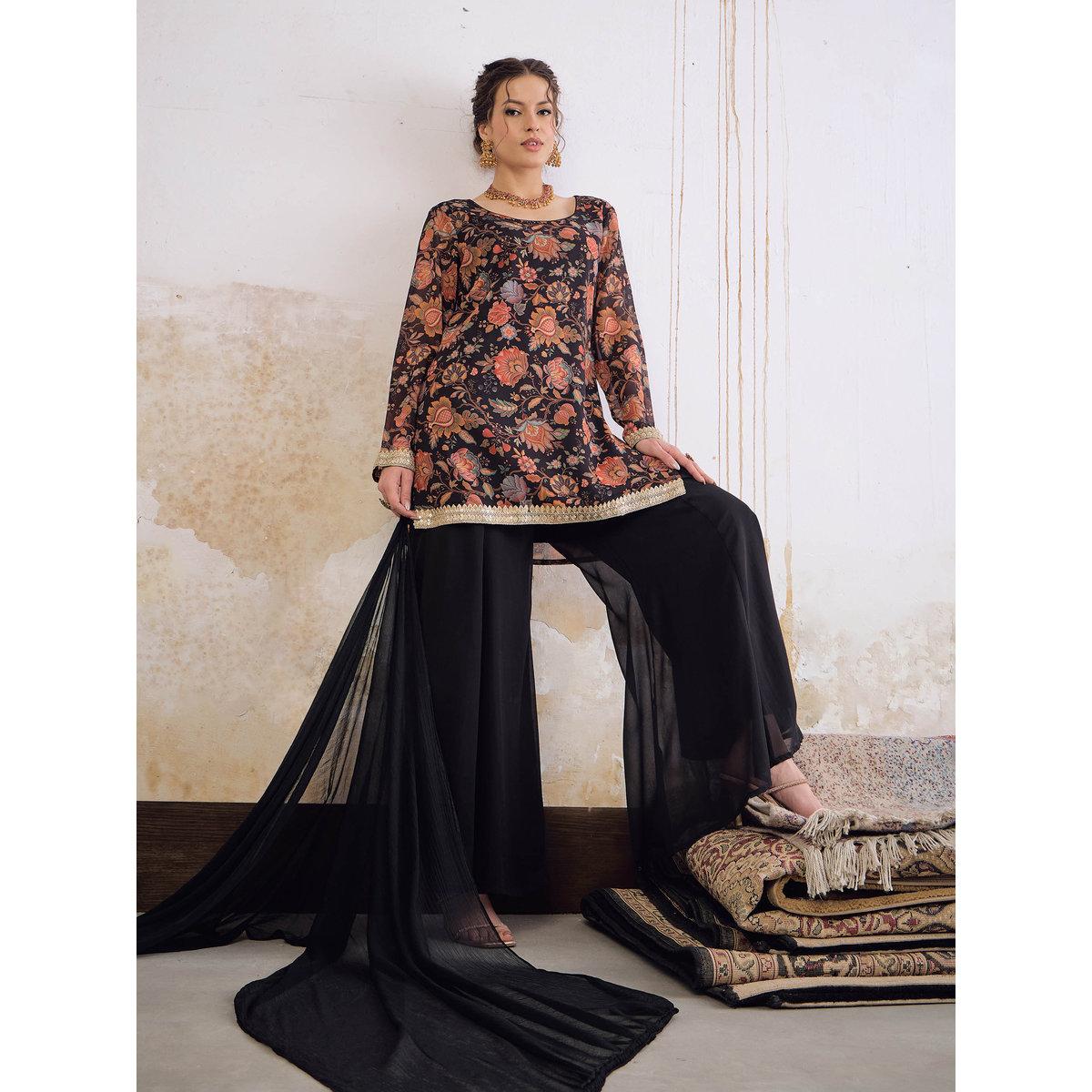 طقم من كورتا بطبعة زهور وبنطال بالازو مع دوباتا-women-clothing-ethnicwear-sareesets-image-1