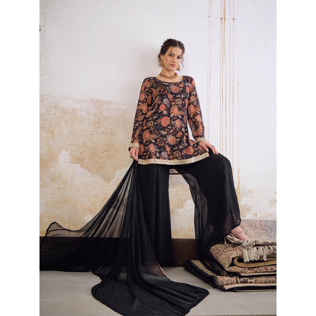 Shae by SASSAFRAS Black Floral Short Kurta with Solid Palazzo Pants and Dupatta Set-women-clothing-ethnicwear-sareesets-image-10