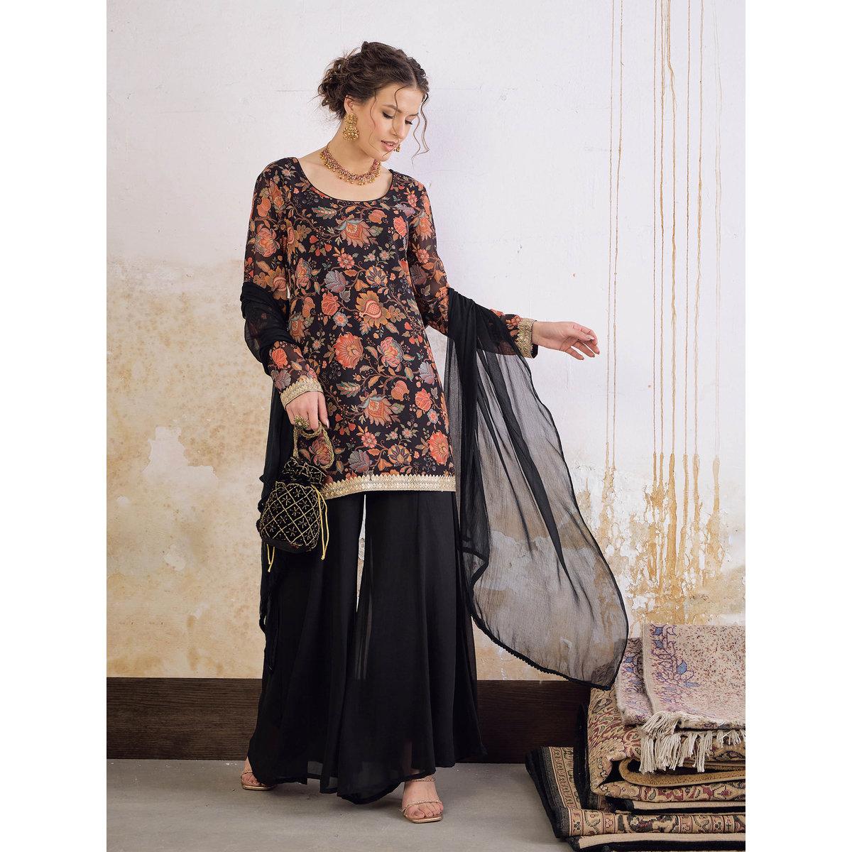 Shae by SASSAFRAS Black Floral Short Kurta with Solid Palazzo Pants and Dupatta Set-women-clothing-ethnicwear-sareesets-image-3