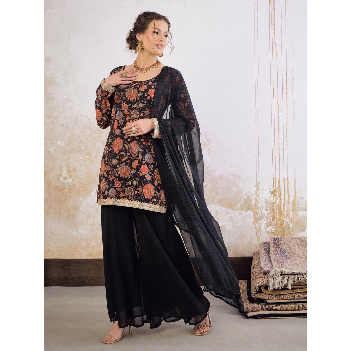 Shae by SASSAFRAS Black Floral Short Kurta with Solid Palazzo Pants and Dupatta Set-women-clothing-ethnicwear-sareesets-image-4