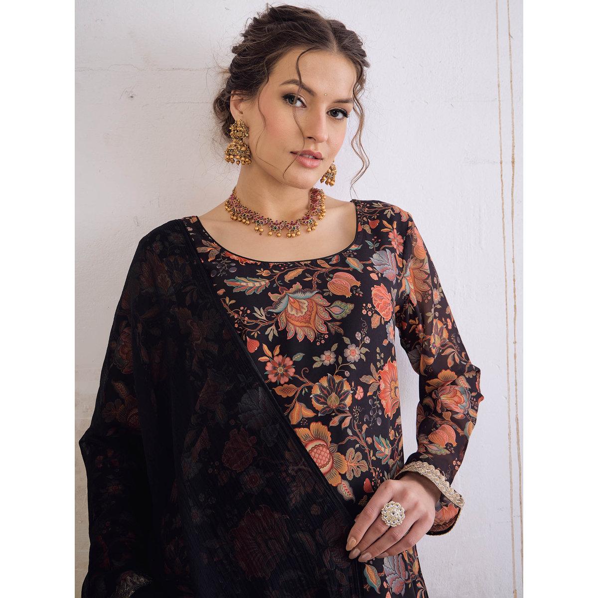 Shae by SASSAFRAS Black Floral Short Kurta with Solid Palazzo Pants and Dupatta Set-women-clothing-ethnicwear-sareesets-image-5