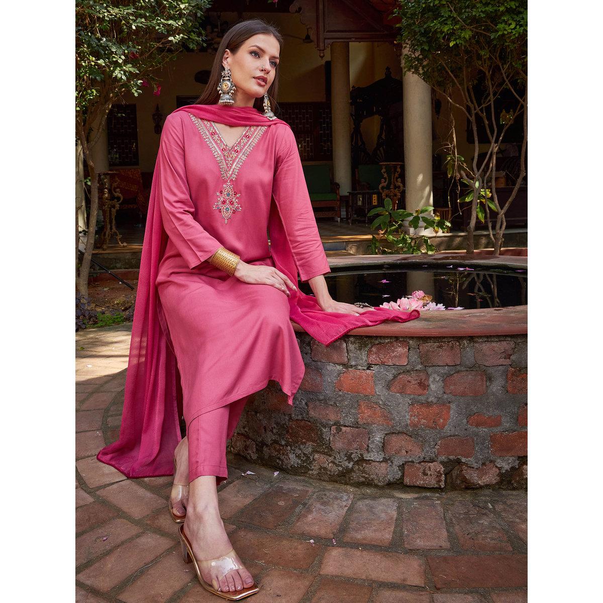 Shae by SASSAFRAS Pink Rayon Embroidered Kurta with Pencil Pants and Dupatta Set-women-clothing-ethnicwear-sareesets-image-1