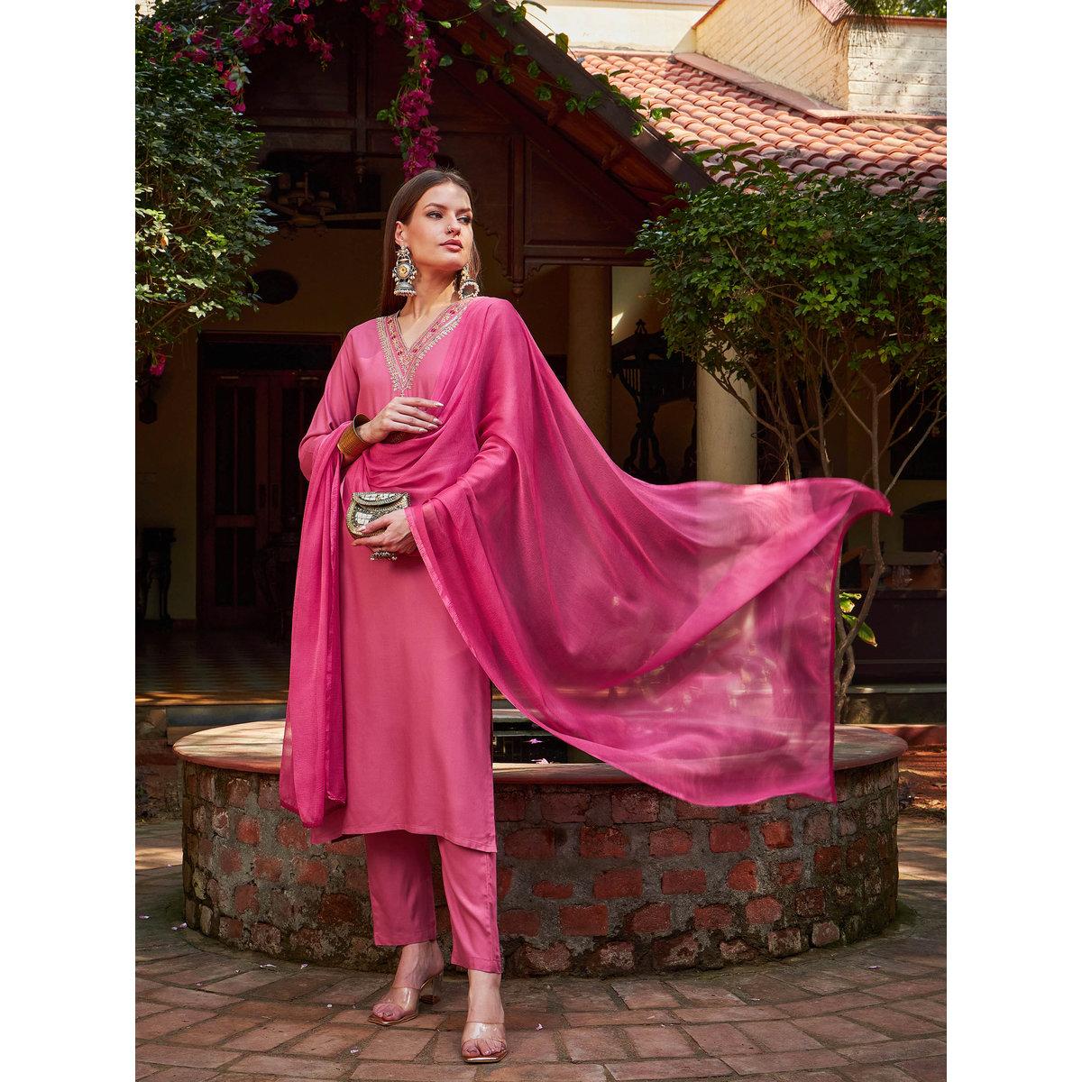 Shae by SASSAFRAS Pink Rayon Embroidered Kurta with Pencil Pants and Dupatta Set-women-clothing-ethnicwear-sareesets-image-2