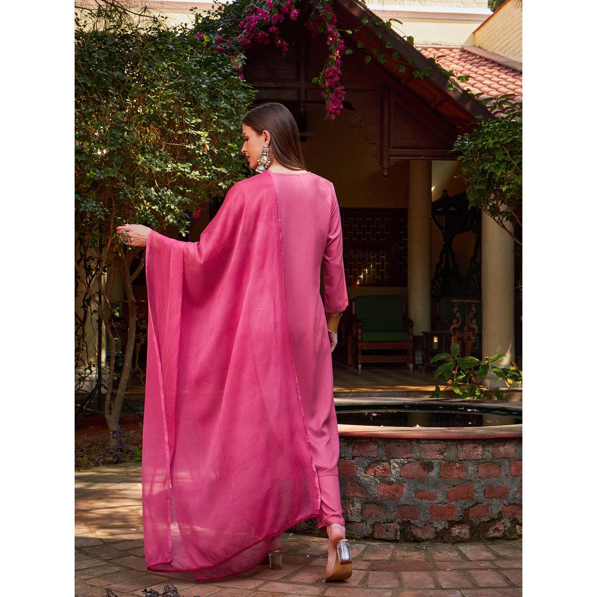 Shae by SASSAFRAS Pink Rayon Embroidered Kurta with Pencil Pants and Dupatta Set-women-clothing-ethnicwear-sareesets-image-6