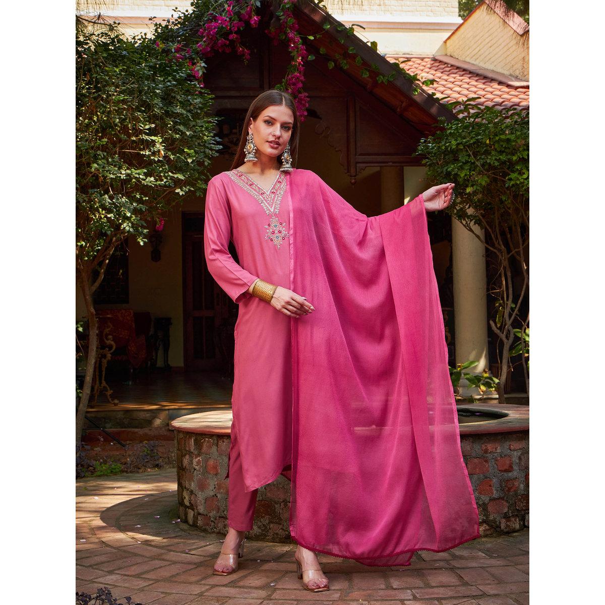 Shae by SASSAFRAS Pink Rayon Embroidered Kurta with Pencil Pants and Dupatta Set-women-clothing-ethnicwear-sareesets-image-7
