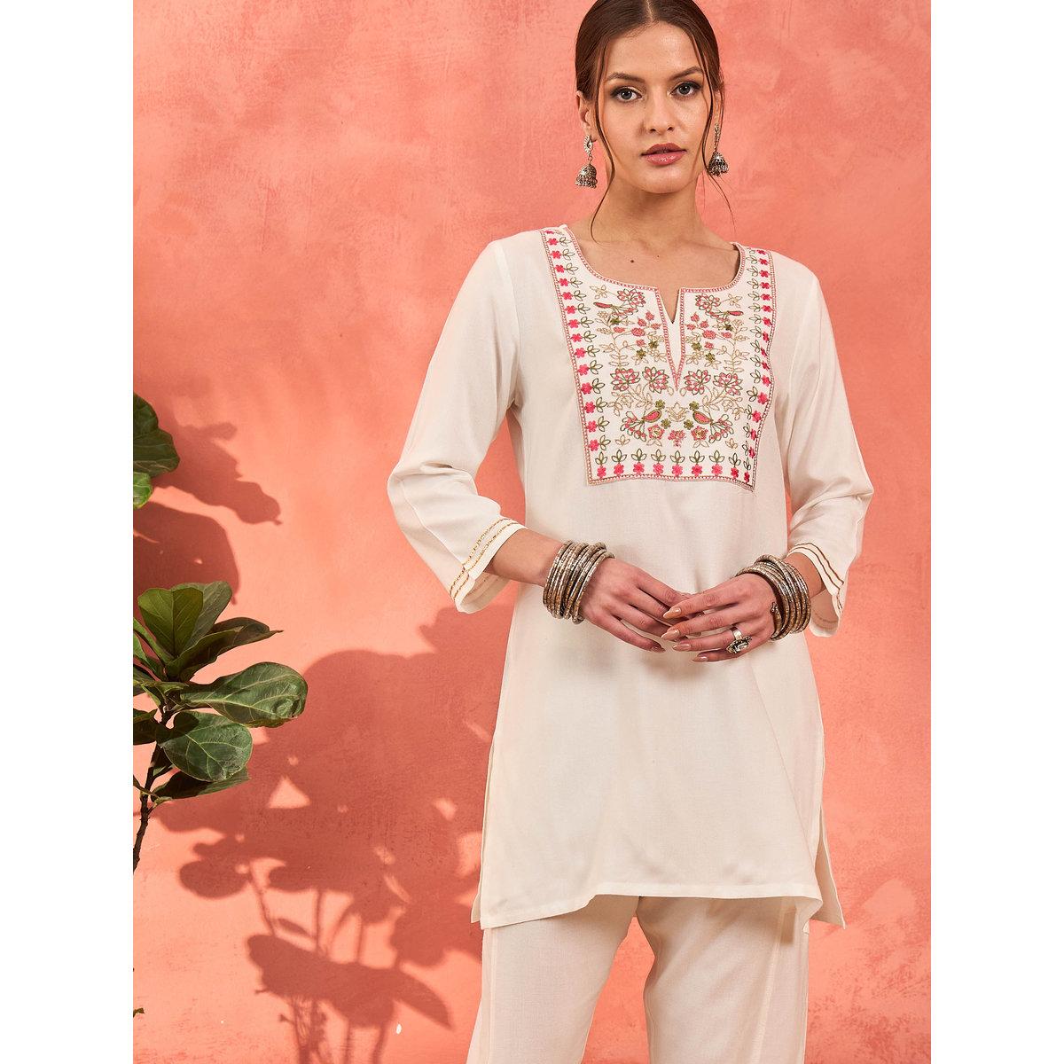 Shae by SASSAFRAS White Rayon Embroidered Short Kurta with Salwar Set-women-clothing-ethnicwear-kurtasets-image-1