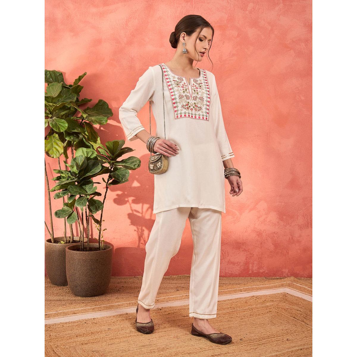Shae by SASSAFRAS White Rayon Embroidered Short Kurta with Salwar Set-women-clothing-ethnicwear-kurtasets-image-2