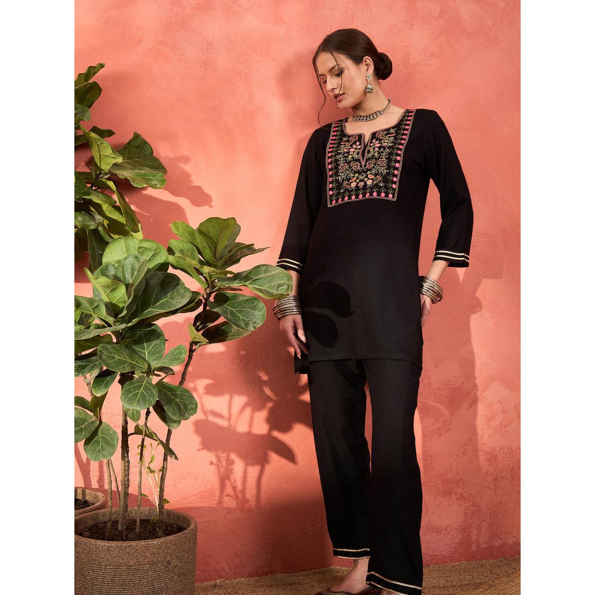 Shae by SASSAFRAS Black Rayon Embroidered Short Kurta with Salwar Set-women-clothing-ethnicwear-kurtasets-image-1
