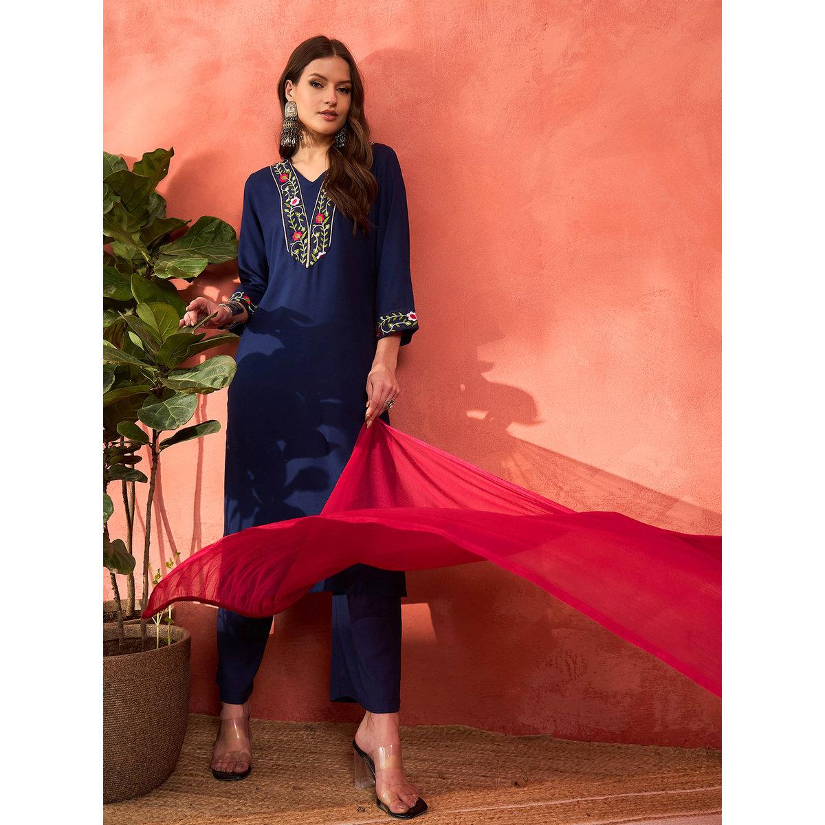 Shae by SASSAFRAS Navy Rayon Embroidered Kurta with Pencil Pants and Dupatta Set-women-clothing-ethnicwear-sareesets-image-1