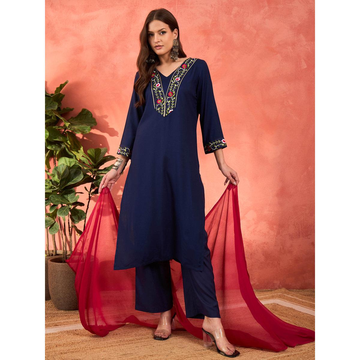 Shae by SASSAFRAS Navy Rayon Embroidered Kurta with Pencil Pants and Dupatta Set-women-clothing-ethnicwear-sareesets-image-2