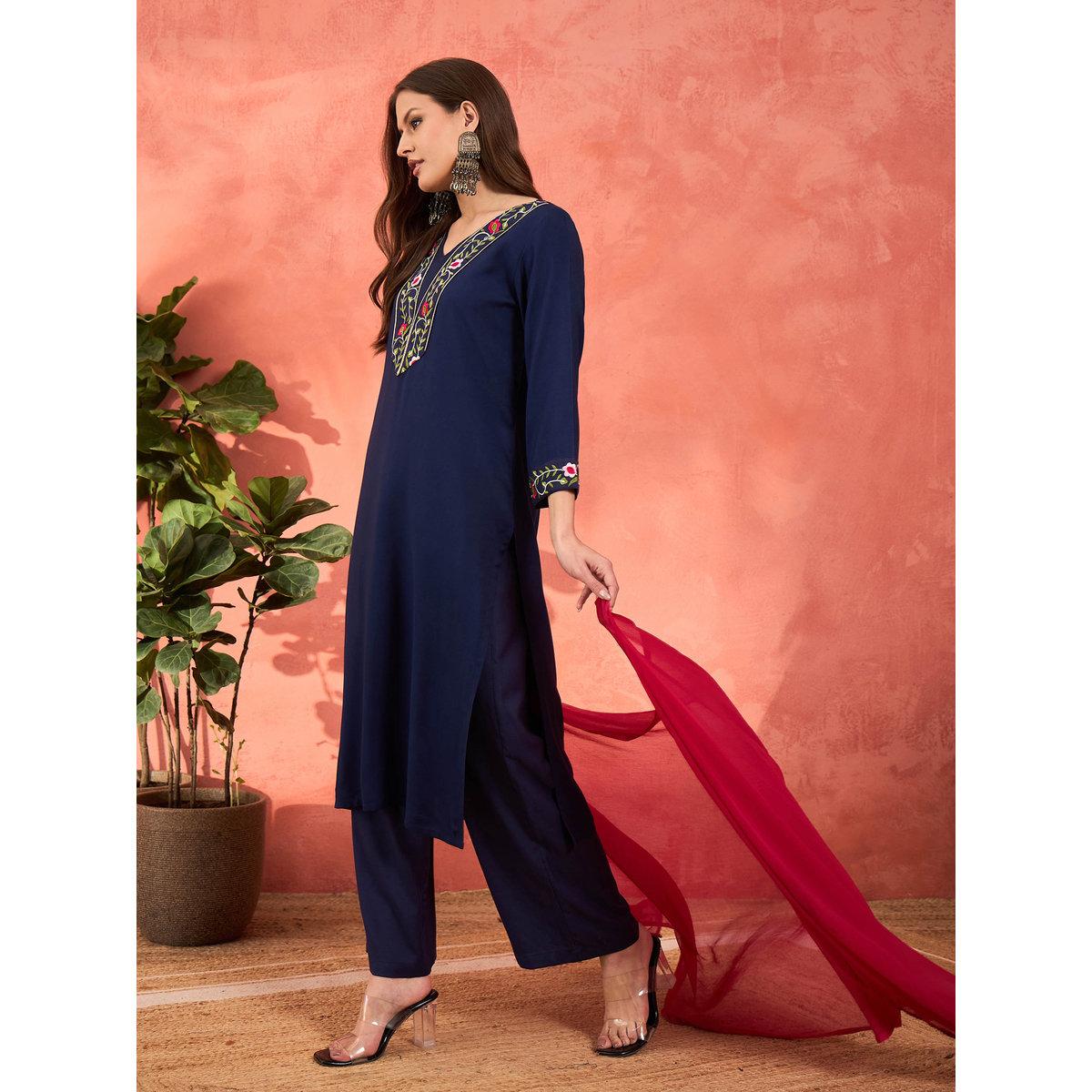 Shae by SASSAFRAS Navy Rayon Embroidered Kurta with Pencil Pants and Dupatta Set-women-clothing-ethnicwear-sareesets-image-3