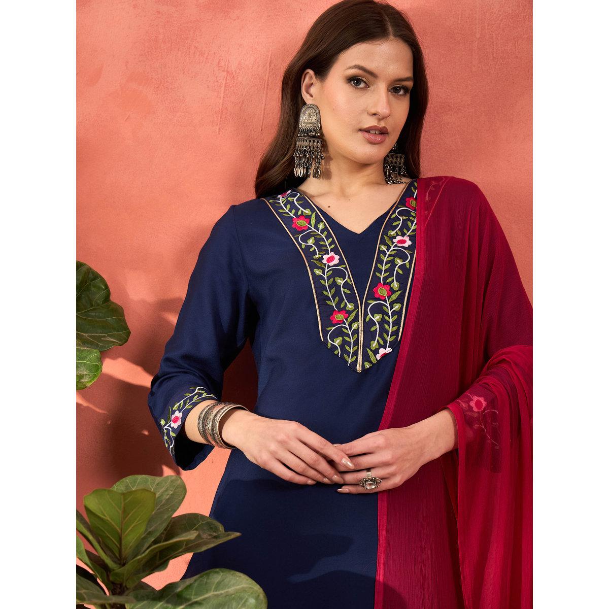 Shae by SASSAFRAS Navy Rayon Embroidered Kurta with Pencil Pants and Dupatta Set-women-clothing-ethnicwear-sareesets-image-4