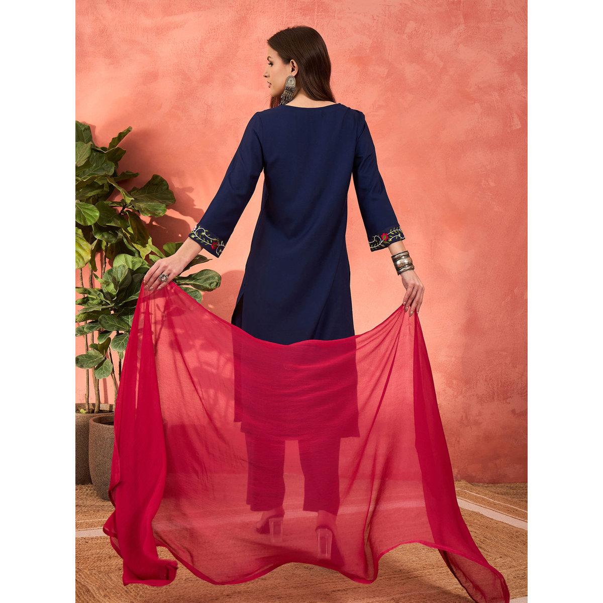 Shae by SASSAFRAS Navy Rayon Embroidered Kurta with Pencil Pants and Dupatta Set-women-clothing-ethnicwear-sareesets-image-6