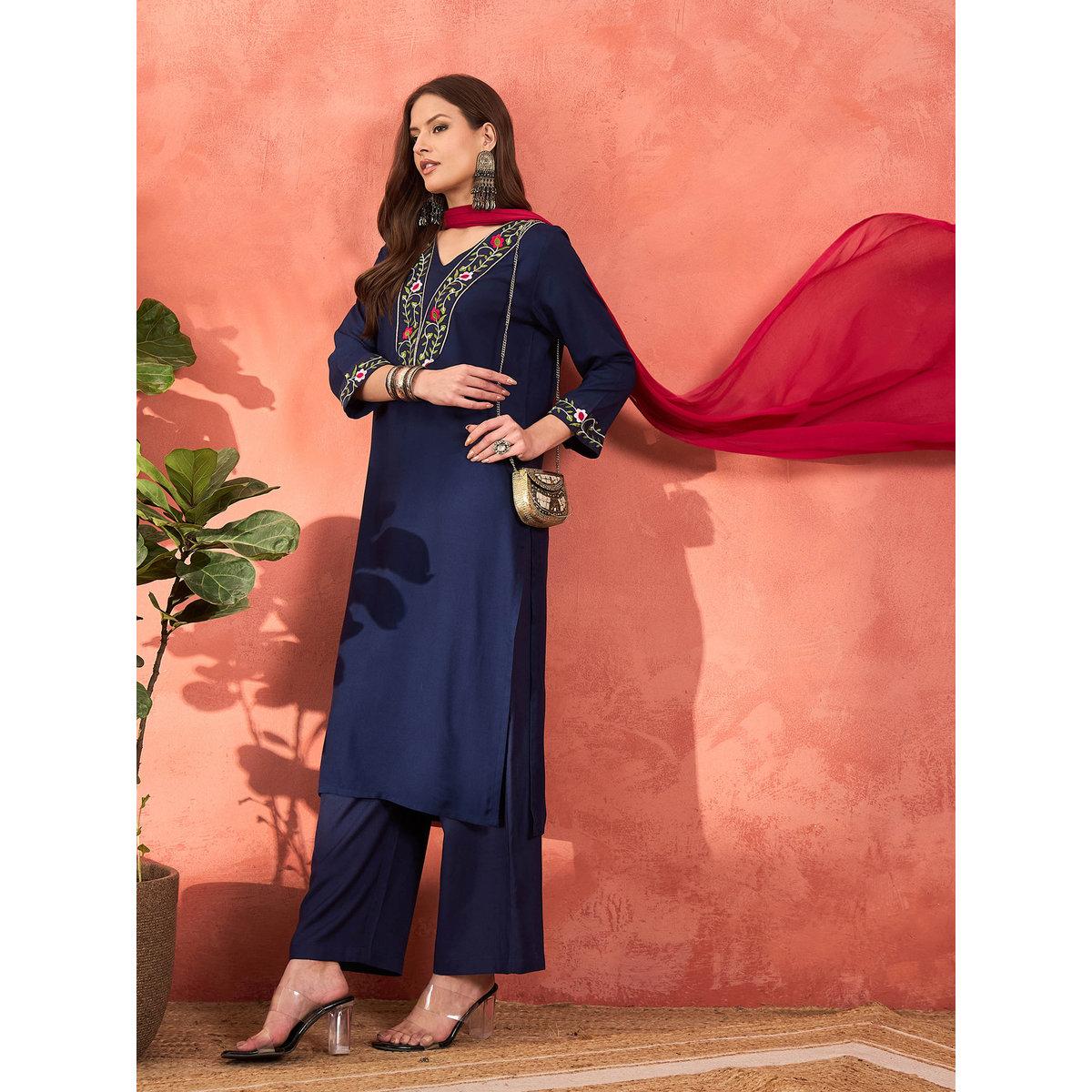 Shae by SASSAFRAS Navy Rayon Embroidered Kurta with Pencil Pants and Dupatta Set-women-clothing-ethnicwear-sareesets-image-8