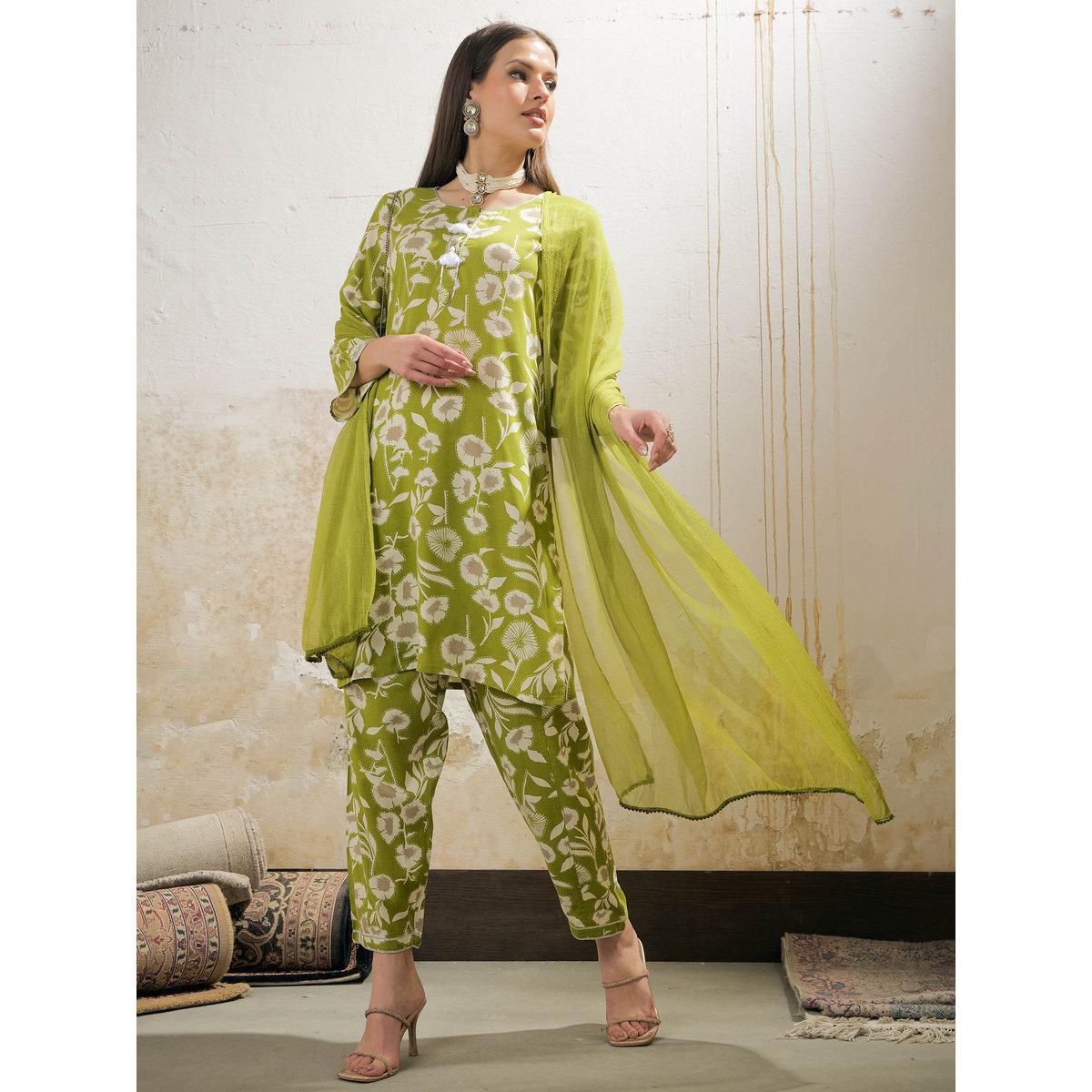 Shae by SASSAFRAS Green and White Floral Rayon Kurta with Salwar and Dupatta Set-women-clothing-ethnicwear-sareesets-image-1