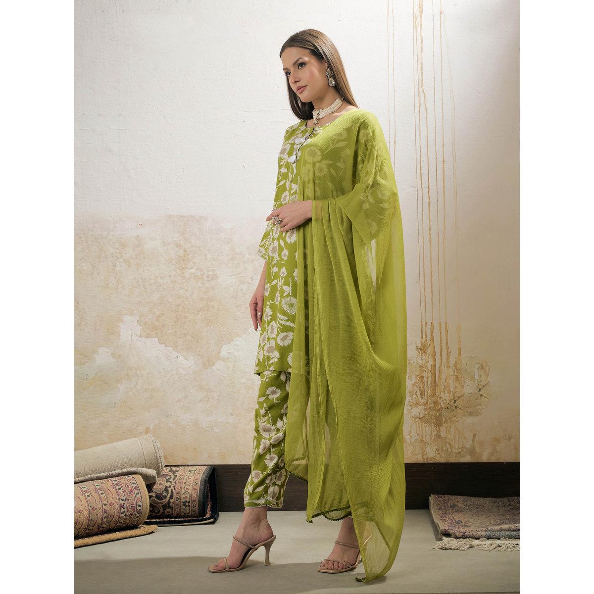 Shae by SASSAFRAS Green and White Floral Rayon Kurta with Salwar and Dupatta Set-women-clothing-ethnicwear-sareesets-image-2