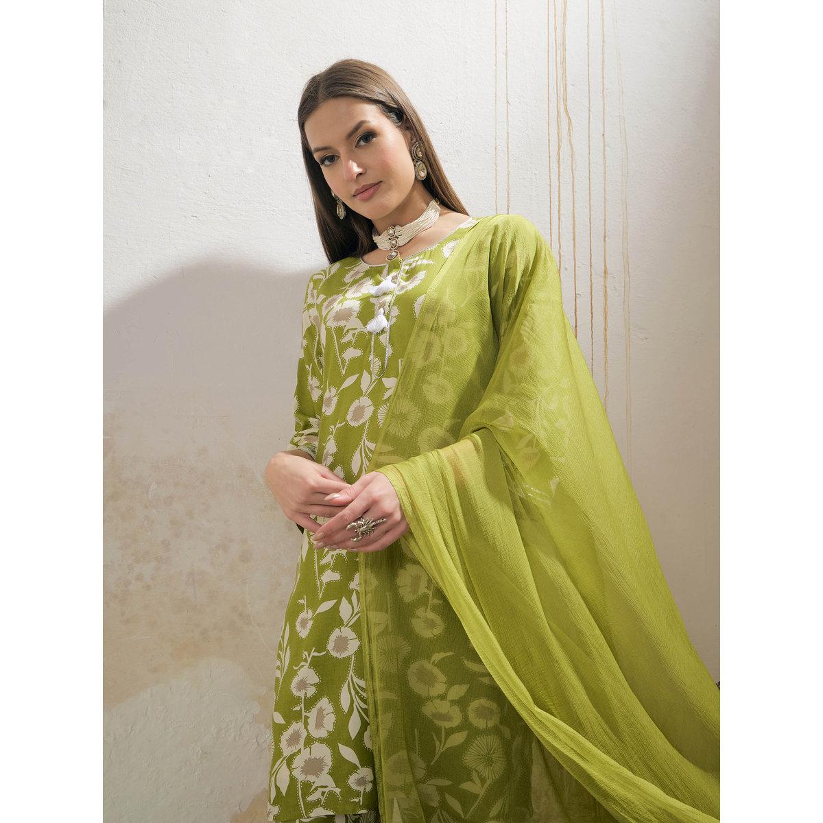 Shae by SASSAFRAS Green and White Floral Rayon Kurta with Salwar and Dupatta Set-women-clothing-ethnicwear-sareesets-image-3