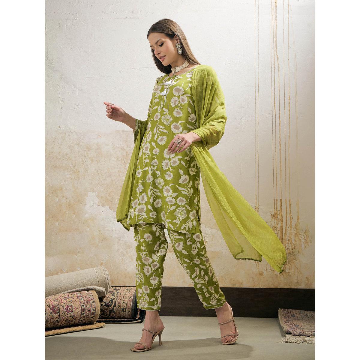 Shae by SASSAFRAS Green and White Floral Rayon Kurta with Salwar and Dupatta Set-women-clothing-ethnicwear-sareesets-image-4